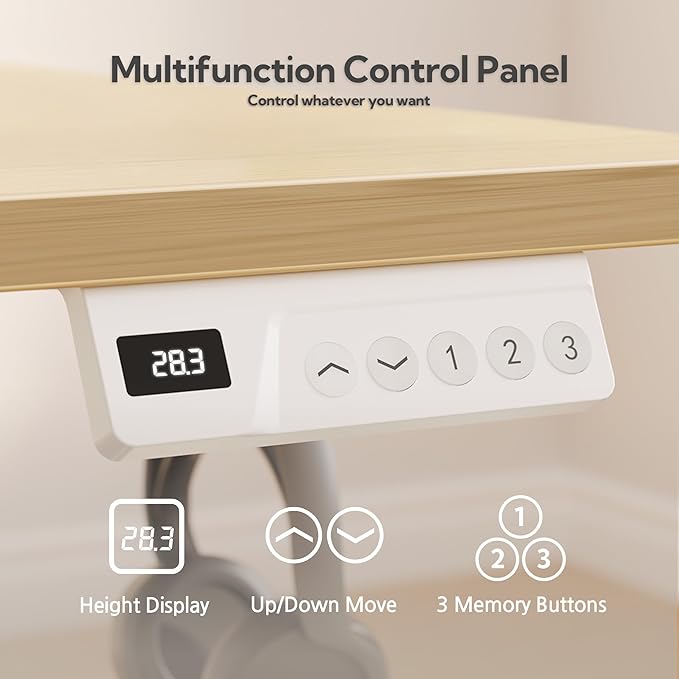 Seang Standing Desk with Drawer, 55" x 24" Height Adjustable Stand Up Desk, 3 Memory Height Settings with Cable Grommets & Storage Hooks, Ideal for Home & Office, Nature