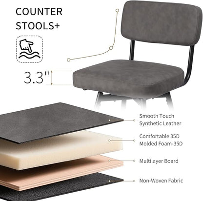 Swivel Counter Height Bar Stools Set of 2, Faux Leather Bar Stools with Back, Metal Legs and Footrest, 26" Seat Height Barstools for Kitchen Islands and Home Bars, Easy Assembly, Grey&Black