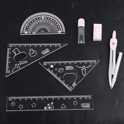 7Pcs Pink Compass Protractor Set with Portable Box Geometry Drafting Tools Set Multi-Purpose Math Drawing Rulers for Boy Girl Drafting Tools and Drafting Kits