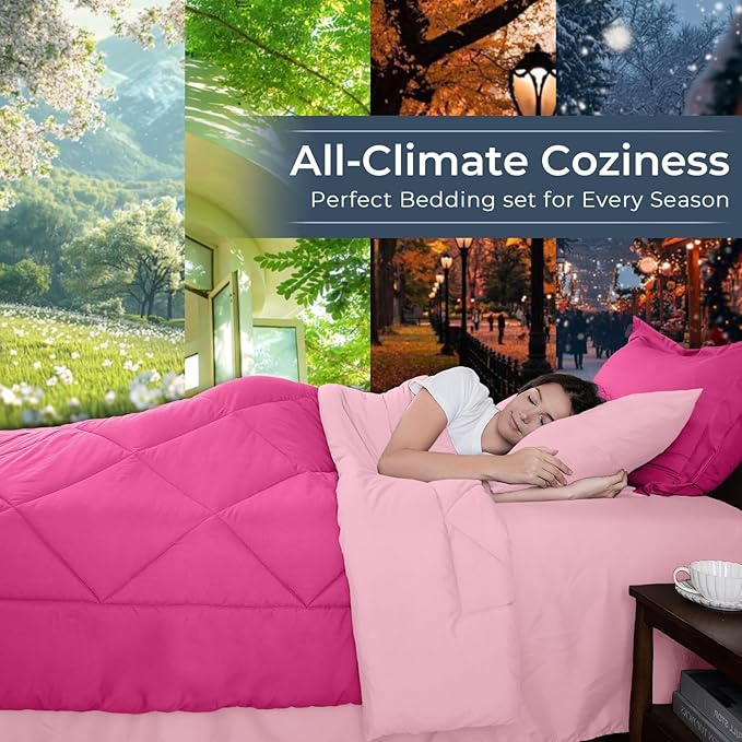 HEVUMYI Hot Pink & Baby Pink Twin Comforter Set - 5-Piece All Season Bed in a Bag Twin, Ultra Soft Bedding Set with Comforter, Flat Sheet, Fitted Sheet, Pillowcases, Pillow Shams