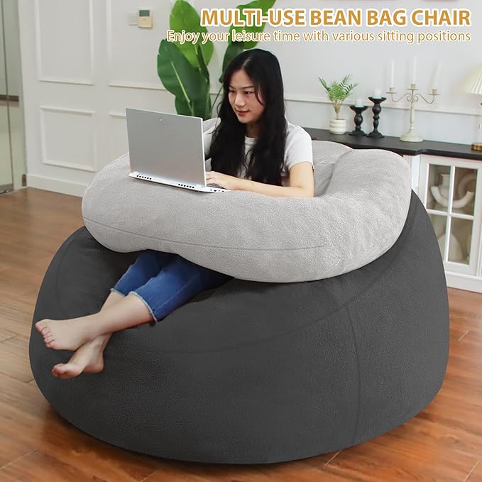 HABUTWAY Bean Bag Chair with U-Shaped Pillow for Adult and Kids Big BeanBag Chair with Filling Ultra Soft Teddy Fleece Couch Chair with Washable Cover for Living Room Bedroom, Dark Grey & Light Grey