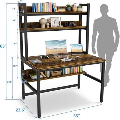 Aquzee Computer Desk with Hutch Bookshelves, 55 Inch Home Office Writing Desk with Space Saving Design, Gaming Table Organized Desk with Storage Shelves Bookshelf Easy Assemble, Rustic Brown