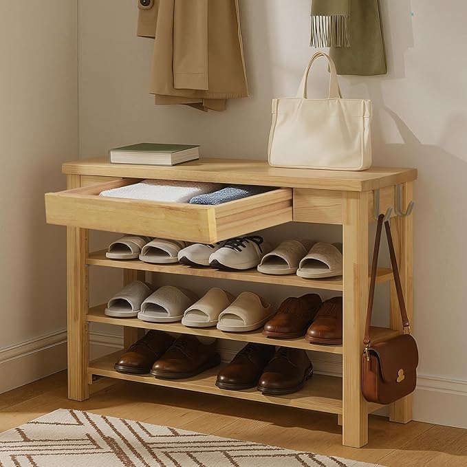 Wood Shoe Bench Entryway with Drawer: 3-Tiers Wooden Storage Shoe Rack with Bench Seat, Compact Mid-Century Modern Design for Entryway, Hallway, Closet, Front Door Entrance, Foyer