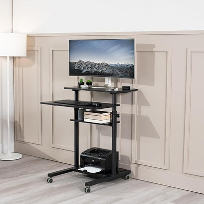VIVO Mobile 28 inch Standing Desk Workstation, Height Adjustable Rolling Laptop Cart with Storage, Black, CART-V02DB