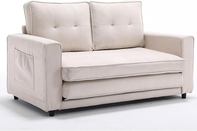 ERYE 3 Fold Tufted Upholstered Futon Sofa Bed Modern Convertible Foldable Floor Loveseat Sofabed with Pull Out Sleeper Couch Daybed W/Side Pockets for Living Room