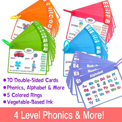 70PCS Phonics CVC Flash Cards Set 20 Phonic Stages Bonus 10 Life Skill Cards Sorting Rings Learn to Read in Blends, Long Vowels, Digraphs for PreK-3rd Grade (Alphabet, Colors, Numbers, and More)
