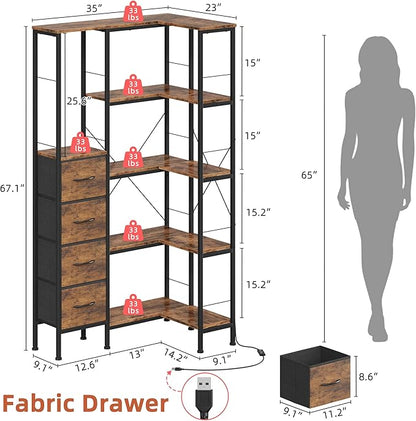 Corner Bookshelf with LED Light Strips & 4 Fabric Drawers, 5-Tier Convertible Corner Shelf with Display Shelf, Large Wood Industrial Bookcase for Living Room, Bedroom, Home Office, Rustic Brown