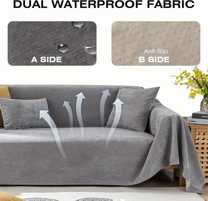 STACYPIK Thick Waterproof Grey Sofa Cover Couch Cover, Anti Slip Loveseat Covers for 2 Cushion Couch, Anti-Cat Scratch Couch Protector Sofa Slipcover, Multi-Use Leakproof Furniture Protector-71X102IIN