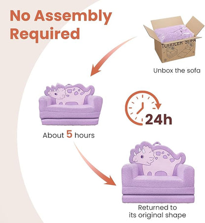 TinyPalsa Kids Couch, Convertible Sofa to Lounger Fold Out, Purple Dinosaur Design Chair for Toddlers 1-3, Gift for Movie Night, Camping, and Napping