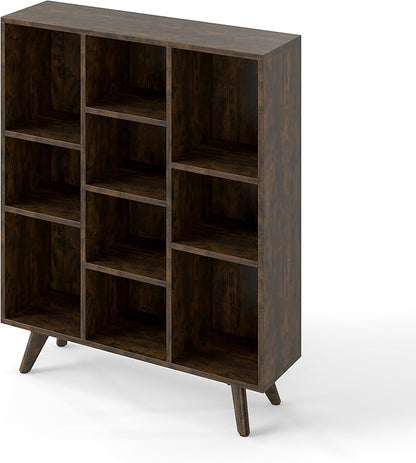 Manora Rustic Brown 10 Cube Mid Century Modern Bookshelf, Wooden Storage Organizer with Open Shelves, Retro Bookcase for Living Room, Bedroom, Home Office