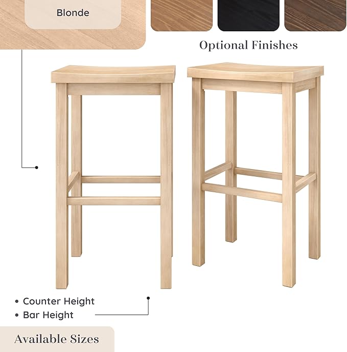 Grain & Grove Smith Collection Set of 2 Solid Wood Bar Stools, 30 inch Saddle-Seat Bar Chairs, Backless, Heavy-Duty Construction, Footrest Support, for Kitchen Islands, Home Bars, and Counters, Blonde