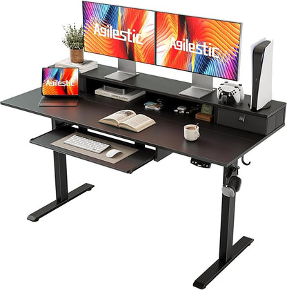 Agilestic Electric Standing Desk with 2 Drawers and Keyboard Tray, 55 x 24 Inches Ergonomic Adjustable Height Desk with Storage, Sit Stand up Desk Computer Workstation, Black