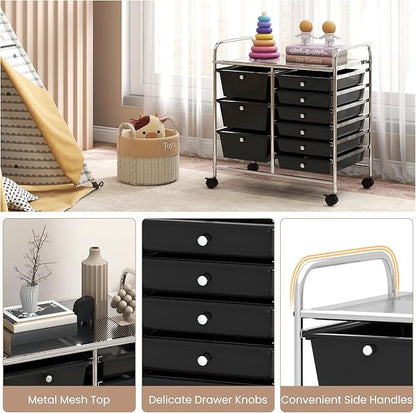 COSTWAY Rolling Storage Cart with 9 Drawer, Mobile Utility Cart with Metal Frame, Art Supply Craft Organizer, Multipurpose Storage Organizer for Paper, Office, School Teacher, Classroom, Black