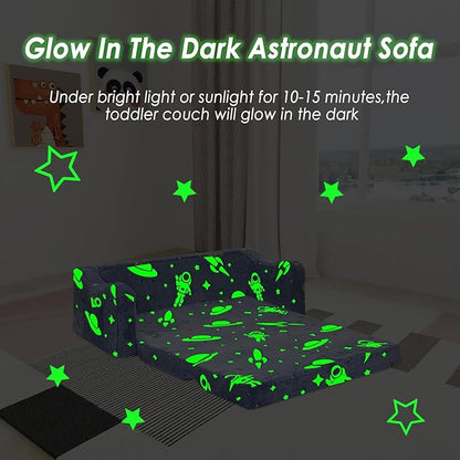 Kids Couch Extra Large,Glow in The Dark 2-in-1 Folding Kids Sofa Bed for Boys,2 Seats Convertible Sleeper Lounger Toddler Couch for Children Bedroom Playroom Nursery,Astronaut
