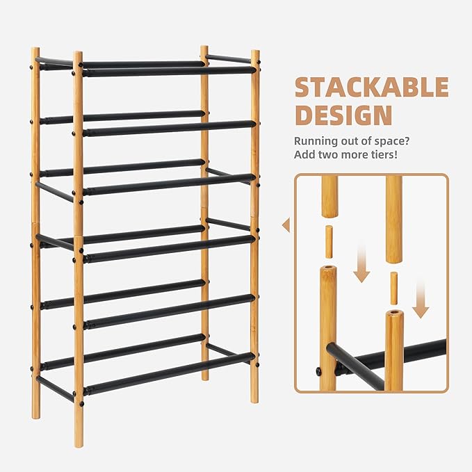 STORAGE MANIAC Expandable Shoe Rack, 16 Pairs Stackable Small Shoe Rack, Metal Adjustable Shoes Organizer for Closet, Entryway, Hallway, Garage, Front Door, Shoes Shelves, Bamboo 4 Tier