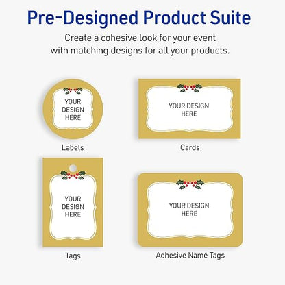 Avery Printable Christmas Adhesive Name Badges, Rectangle, 2-1/3" x 3-3/8", Pre-Printed Metallic Gold Border with Holly Design, Matte White, Laser & Inkjet Compatible, 80 Total