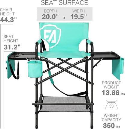 EVER ADVANCED 31" Tall Portable Makeup Artist Chair for Clients Directors Chair with Two Side Tables, Foldable Folding Chair for MUA, Craft Shows, Hair Stylist, Salons, Movie Sets 350LBS Green
