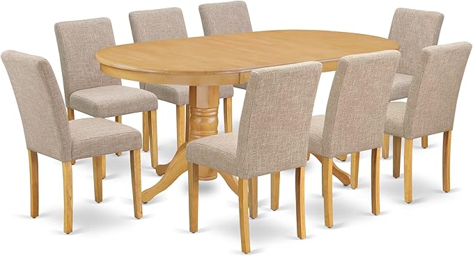 East West Furniture VAAB9-OAK-04 9 Piece Dining Table Set Includes an Oval Dining Room Table with Butterfly Leaf and 8 Light Tan Linen Fabric Parsons Chairs, 40x76 Inch, Oak