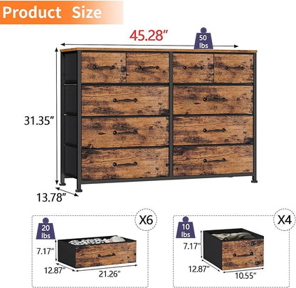Furnulem Bedroom Dresser for 55”Long TV Stand,10 Storage Organizer Dressers & Chests of Drawers, Sturdy Metal Frame & Wood Top Tall Storage Cabinet for Bedroom Closet Living Room Entryway Rustic Brown