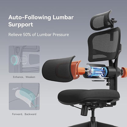 Newtral Ergonomic Office Chair - Home Office Desk Chair, Big and Tall Office Chair with Auto-Following Lumbar Support, Adjustable Seat Depth and Height (No Foot Rest + Laptop Table, Black)