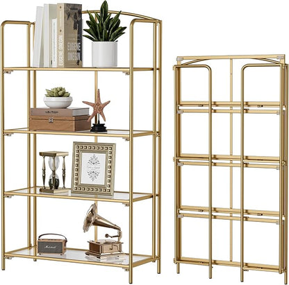 Crofy No Assembly Folding Bookshelf for Living Room, 4 Tier Gold Collapsible Book Shelf for Home Office, Portable Bookcase Storage Organizer