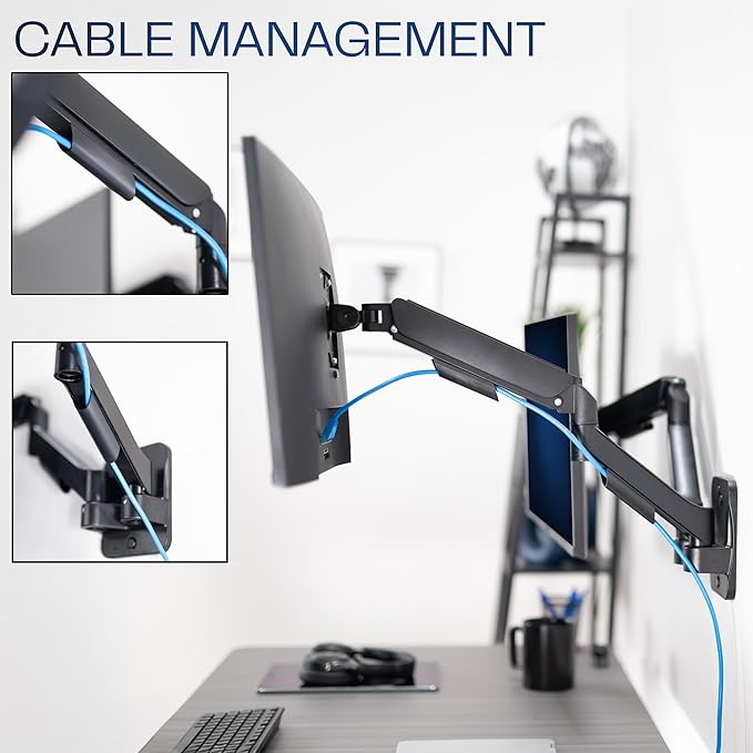 VIVO Height Adjustable Pneumatic Extended Arm Dual Monitor Wall Mount Full Motion Articulating, Fits 2 Screens 17 to 27 inches, Black, MOUNT-V002G