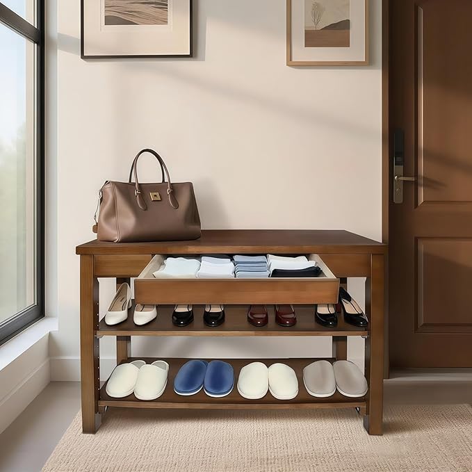 Wood Shoe Bench Entryway with Drawer: 2-Tiers Wooden Storage Shoe Rack with Bench Seat, Compact Mid-Century Modern Design for Entryway, Hallway,Closet,Front Door Entrance,Foyer Walnut 31.5"