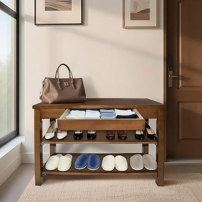 Wood Shoe Bench Entryway with Drawer: 2-Tiers Wooden Storage Shoe Rack with Bench Seat, Compact Mid-Century Modern Design for Entryway, Hallway,Closet,Front Door Entrance,Foyer Walnut 31.5"
