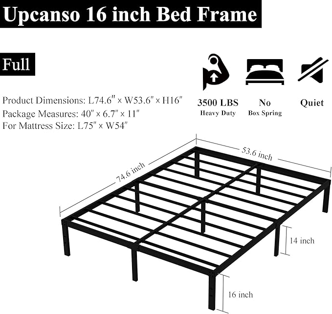 16 Inch Full Size Bed Frame No Box Spring Need, Metal Platform Full Bed Frames with 14 Inch Storage, 3,500 lbs Heavy Duty Steel Slats Support, Easy Assembly Mattress Foundation