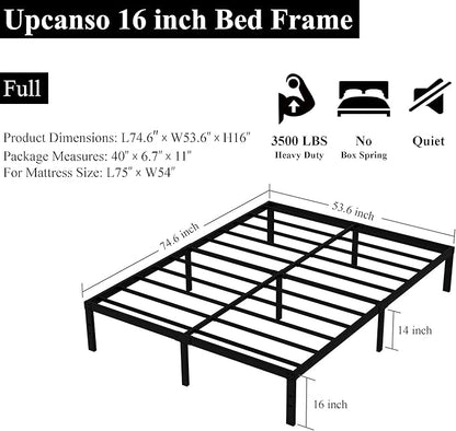 16 Inch Full Size Bed Frame No Box Spring Need, Metal Platform Full Bed Frames with 14 Inch Storage, 3,500 lbs Heavy Duty Steel Slats Support, Easy Assembly Mattress Foundation