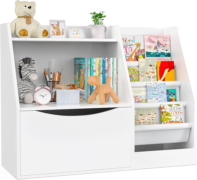 TOETOL 2 Tier Kids Bookshelf and Book Storage，4 Sling Toddler Bookshelf, Storage Boxes Book Shelf & Organizer for Nursery Playroom Classroom Library Bedroom White