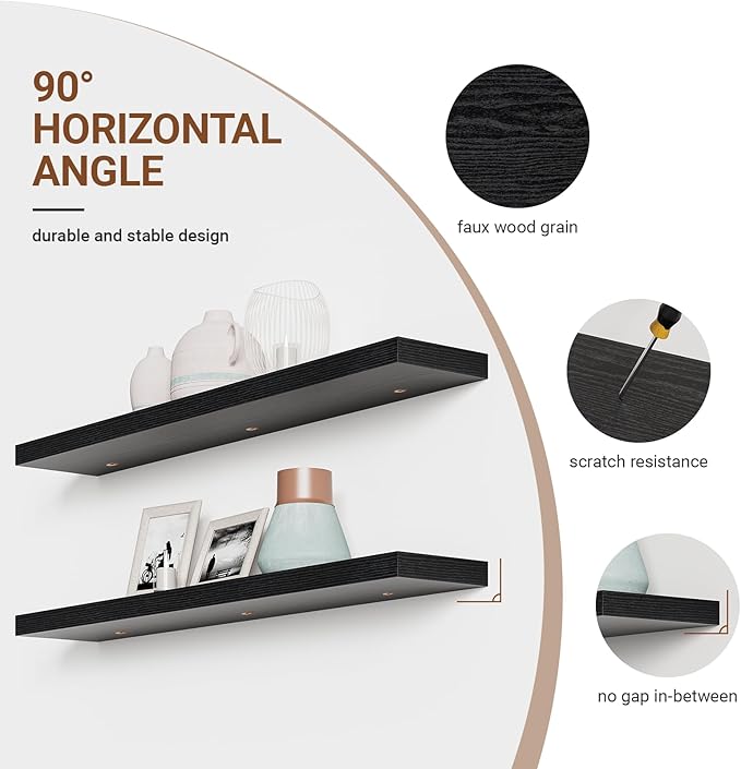Heimlove 55 Inch Long Floating Shelves for Wall,9.3" Deep Black Floating Shelf Set of 2,Large Display Shelf & Storage Shelf,Wall Mounted Shelves for Bedroom Living Room Kitchen Office
