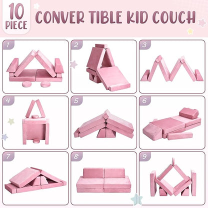 10Pcs Kids Play Couch,Toddler Sofa,Modular Kids Couch for Playing, Creativing, Sleeping (Pink)