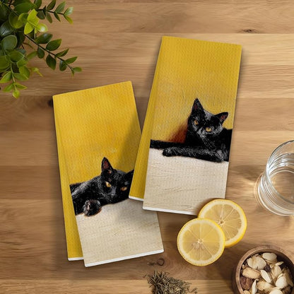 Black Cat Kitchen Dish Towels, Cat Lover Mom Lady Gifts, Mustard Yellow Moody Kitty Kitten Decorative Hand Tea Towels for Bathroom Kitchen, 16x24 Inches Set of 2