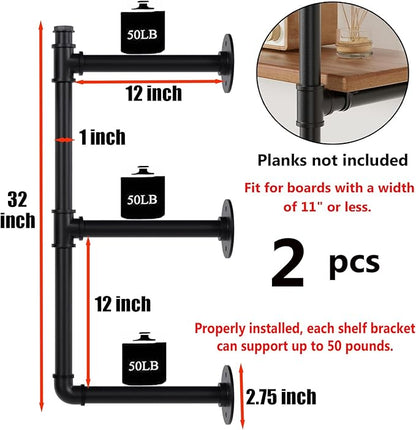 Industrial Pipe Shelf Brackets Wall Mount, Open Black Pipe Shelving for Kitchen,Floating Shelf Brackets Mount,Open Bookshelf Brackets for Shelves,Wall Shelves 12 Inch Deep,(2PcsX3Tier,32" Tall)