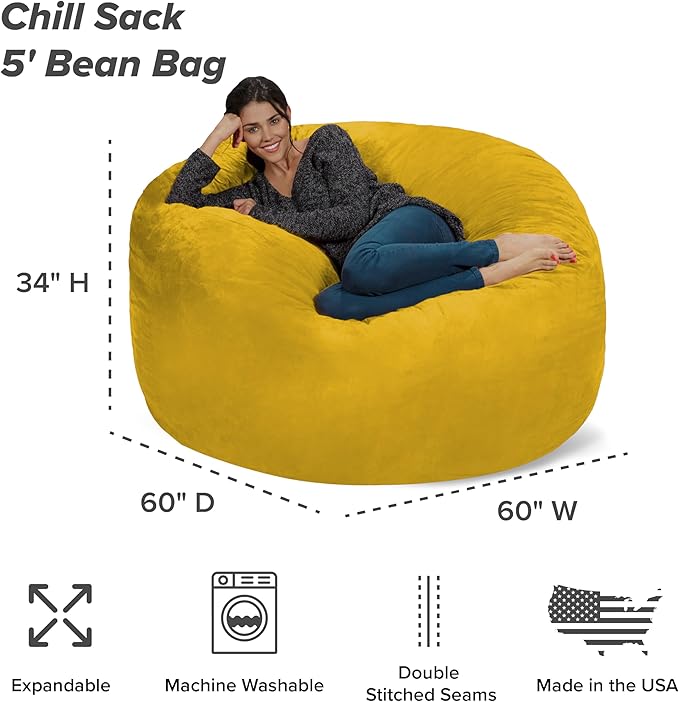 Chill Sack Bean Bag Chair - 5' Giant Memory Foam Lounge Chair with Soft Microfiber Cover – Cozy Furniture for Living Room, Dorm, & Kids' Rooms – Comfortable 5 Ft, Microsuede Lounge Sofa, Lemon