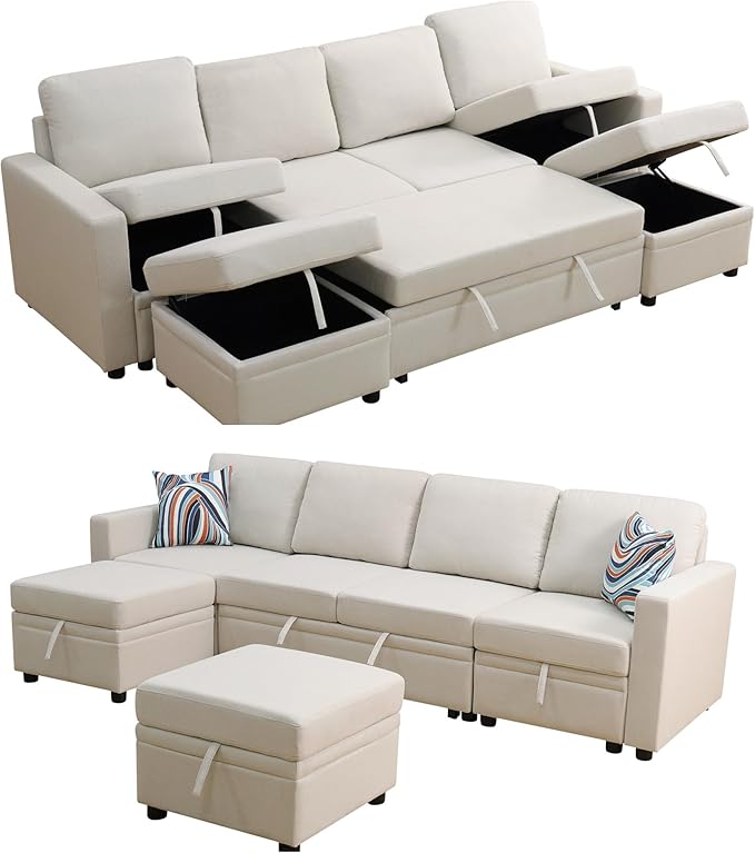 102 Inch L Shaped Sectional Couch with Pull Out Bed, 6-Seat Sleeper Sofa with Storage Ottoman, Convertible Sofa Bed for Living Room, Apartment, Off White