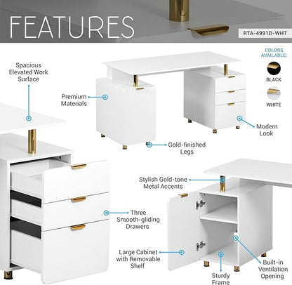 Elegant 56.75" W Executive Desk with 3 Drawers and Storage Cabinet, Modern Office Desk with Gold Accents, Floating Work Surface, Closed Storage with Ventilation & Adjustable Shelf (White,Gold)