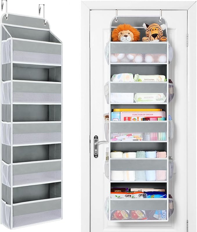 Yecaye Over The Door Organizer Storage, 5-Tier Heavy Duty Door Organizers Hanging with 10 Side Mesh Pockets, 44 lbs Load Capacity Behind Door Storage for Bathroom Nursery Bedroom Dorm Closet, Grey