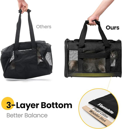 Cat Carrier Airline Approved, Soft-Sided Dog Carrier with Inner Safety Leash, Pet Transport Carrier for Small-Medium Cats Puppies up to 15 Lbs, Collapsible Travel Kitten Carrier Bag -BlackM