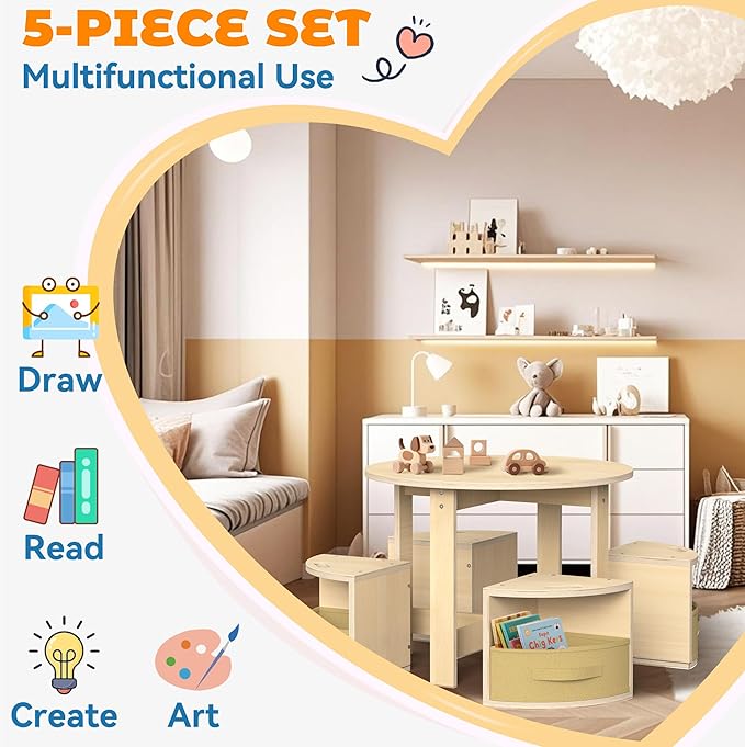 Toddler Table and Chair Set with 3 Storage Stools, Round Shaped Nesting Design, Kids Activity Table for Play/Art/Reading/Craft, Natural
