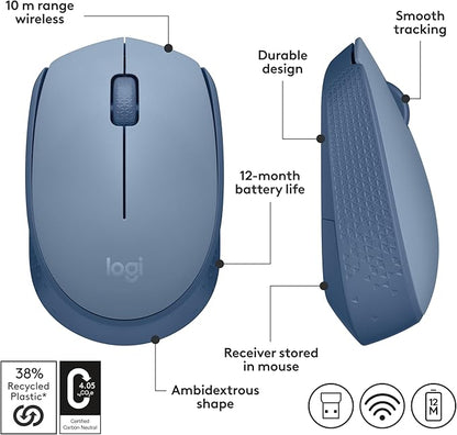 Logitech M170 Wireless Mouse for PC, Mac, Laptop, 2.4 GHz with USB Mini Receiver, Optical Tracking, 12-Months Battery Life, Ambidextrous - Blue Grey