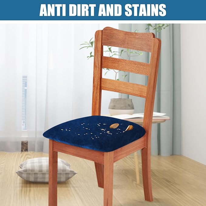 Smiry Velvet Seat Covers for Dining Room Chair Set of 6, Stretch Fit Removable Washable Chair Seat Cushion Protector Slipcovers with Ties, Federal Blue