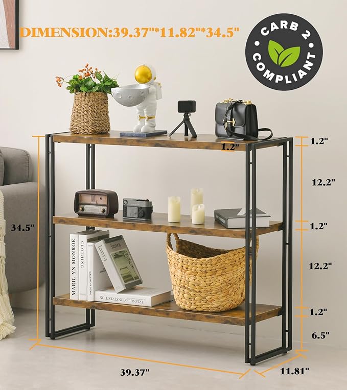 HCHQHS 3-Tier Rustic Wood and Metal Industrial Bookcase - 40in, for Home Office, Bedroom, Kitchen, Bathroom