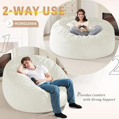 Homguava 5 FT Bean Bag Chair: 5' Bean Bags with Memory Foam Filled, Large Beanbag Chairs Soft Sofa with Dutch Velvet Cover-Beige