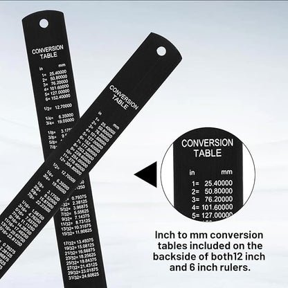 2 Pack Metal Ruler Set Dual Scale Metric Imperial Straight Edge Rule Edge-to-Edge Measuring Black Ruler with Centimeters Millimeters Inches for Home Office Drafting Geometry Crafting Drawing