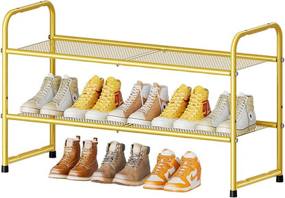 SUFAUY 2 Tier 33" Wide Shoe Rack Closet Metal Mesh, Stackable, Gold
