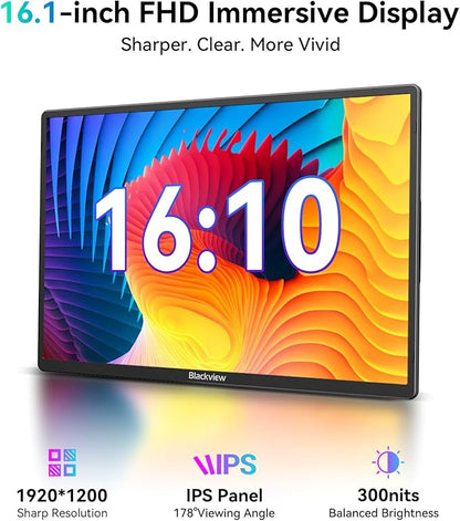 Blackview Laptop Screen Extender, 360° Rotating Detachable Stand/VESA Support, FHD 1200P IPS Portable Monitor, Plug & Play with HDMI/USB-A/Type-C, Compatible Win/Mac/Android