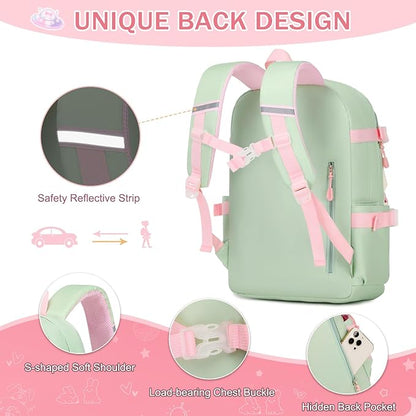 Girls Backpack Set, 3PCS School Backpack for Girls, Kawaii Bunny Kids Backpacks for Girl Kindergarten Elementary School Preschool Travel Daycare Bookbag with Lunch Box Pencil Box Green