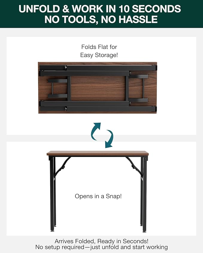 Frylr Small Folding Computer Desk – 35.8 Inch Portable Table for Craft and Study, Lightweight Desk for Small Spaces, Foldable Laptop Table Built-in AC/USB Outlets for Convenience, Dark Walnut